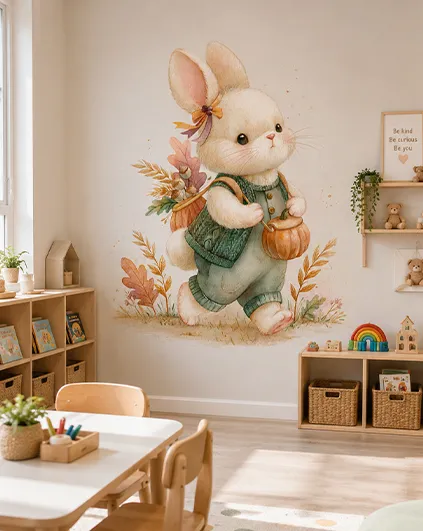 Ilustracja królika wydrukowana na ścianie sali dziecięcej
