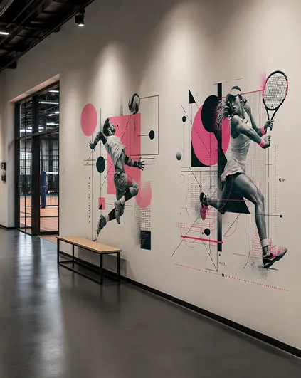 Dynamiczny mural tenisowy w korytarzu obiektu sportowego